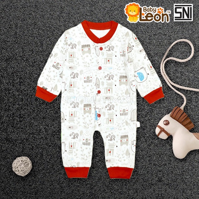 SNI Jumpsuit panjang BABY LEON 0-12 bulan COTTON Jumper Bayi Baju Tidur Bayi Anak BC-071 Piyama kaos-Safari Red