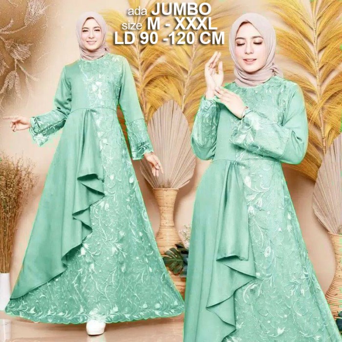 PREMIUM GAMIS VELVET KOMBINASI FULL BRUKAT TULLE PREMIUM TILE BORDIR XXXL XXL - MINT, M