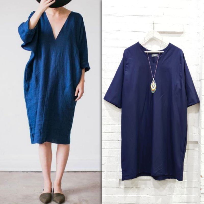 ALLSIZED V-NECK LINEN TUNIC DRESS