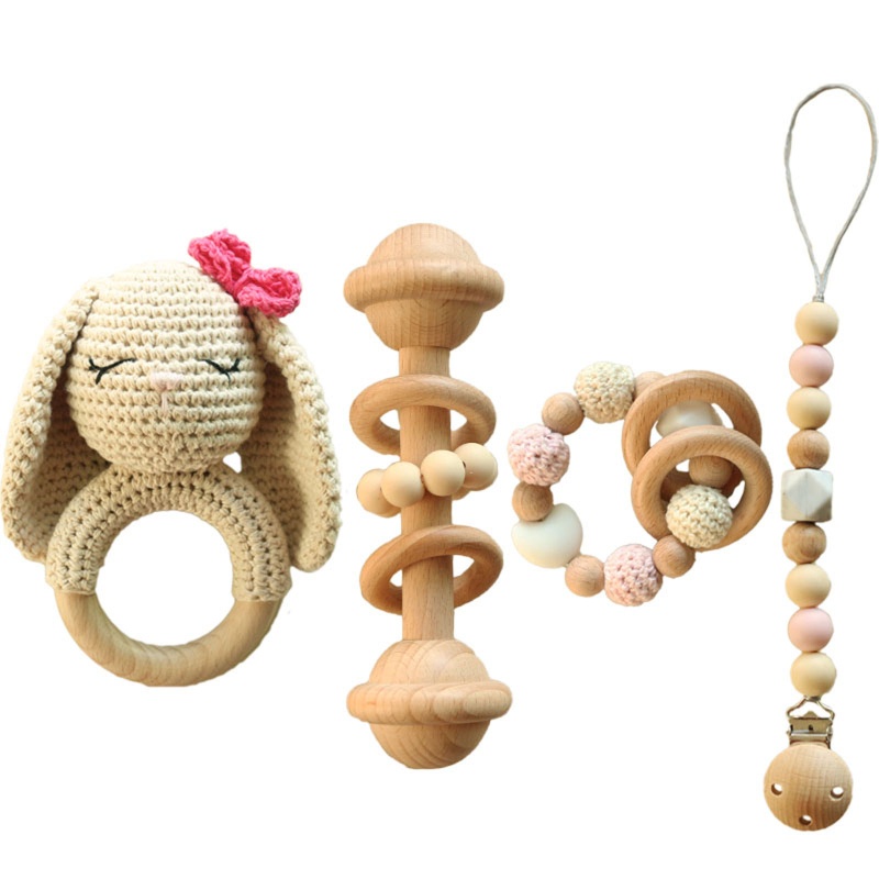 Mary 4pcs / Set Mainan Rattle / Teether Bentuk Kelinci Bahan Kayu Untuk Bayi