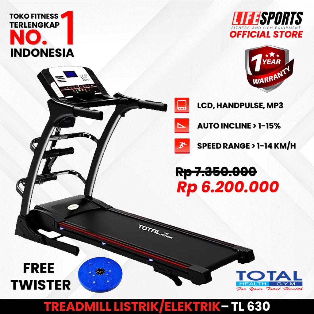 TOTAL HEALTH GYM - New Alat Olahraga Gym Fitness Walking Pad Treadmill Listrik Elektrik TL 630 Auto 