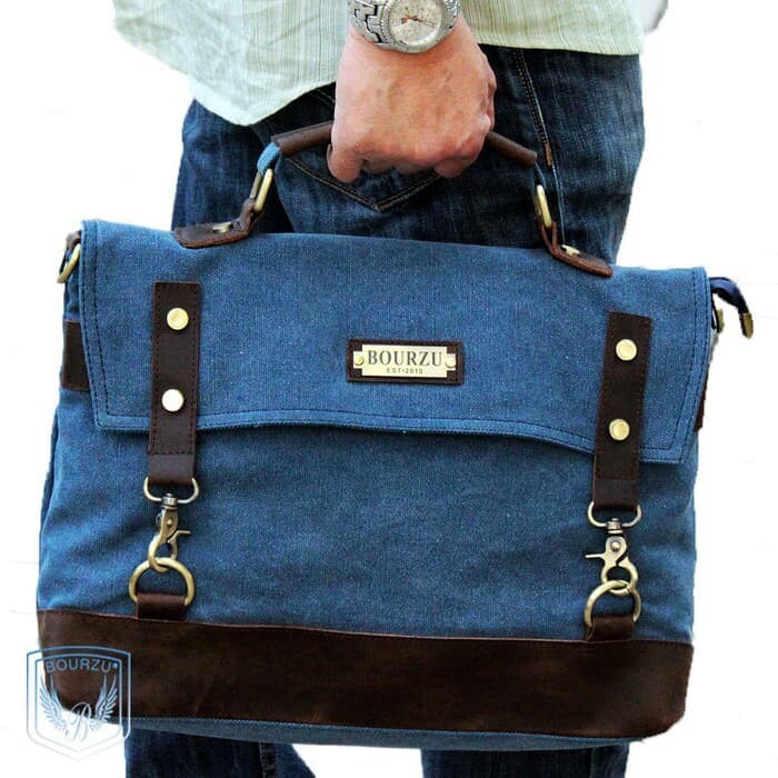 BOURZU MOZART Tas Selempang Laptop Kanvas Kombinasi Kulit Asli - Biru