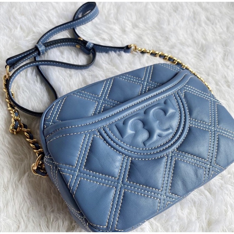 Tory burch tb fleming soft camera bag cambag contrast stitch blue wood