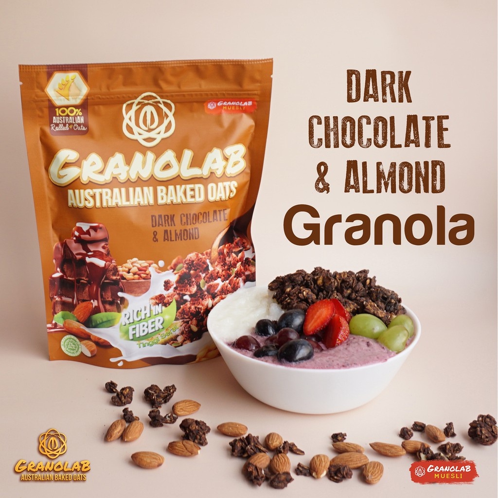 Granolab Dark Chocolate Almond 210 gram Granola Snack Diet Sehat Tinggi Serat &amp; Protein