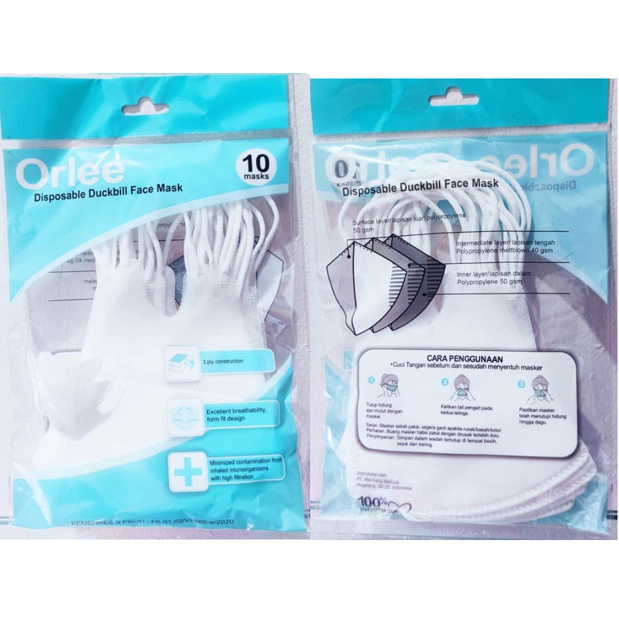 Masker Duckbill 3D Orlee 3 Ply 3Ply Earloop headloop Medis Kemenkes isi 10 pcs Masker hijab jilbab