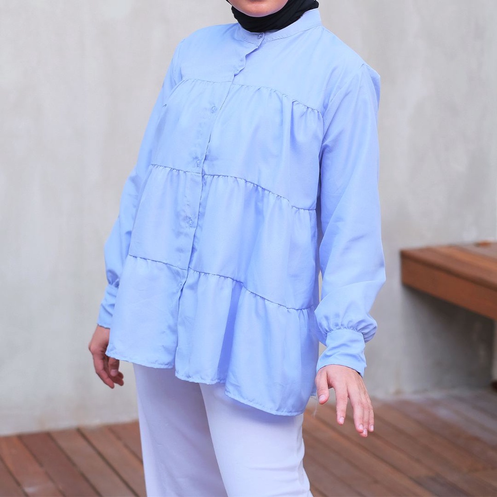 Tq88indonesia Kemeja Wanita Kerah Shanghai Rample Polos / Kem Polos Rempel Lengan Panjang / Busana Santai Cewek / Ootd / Outfit