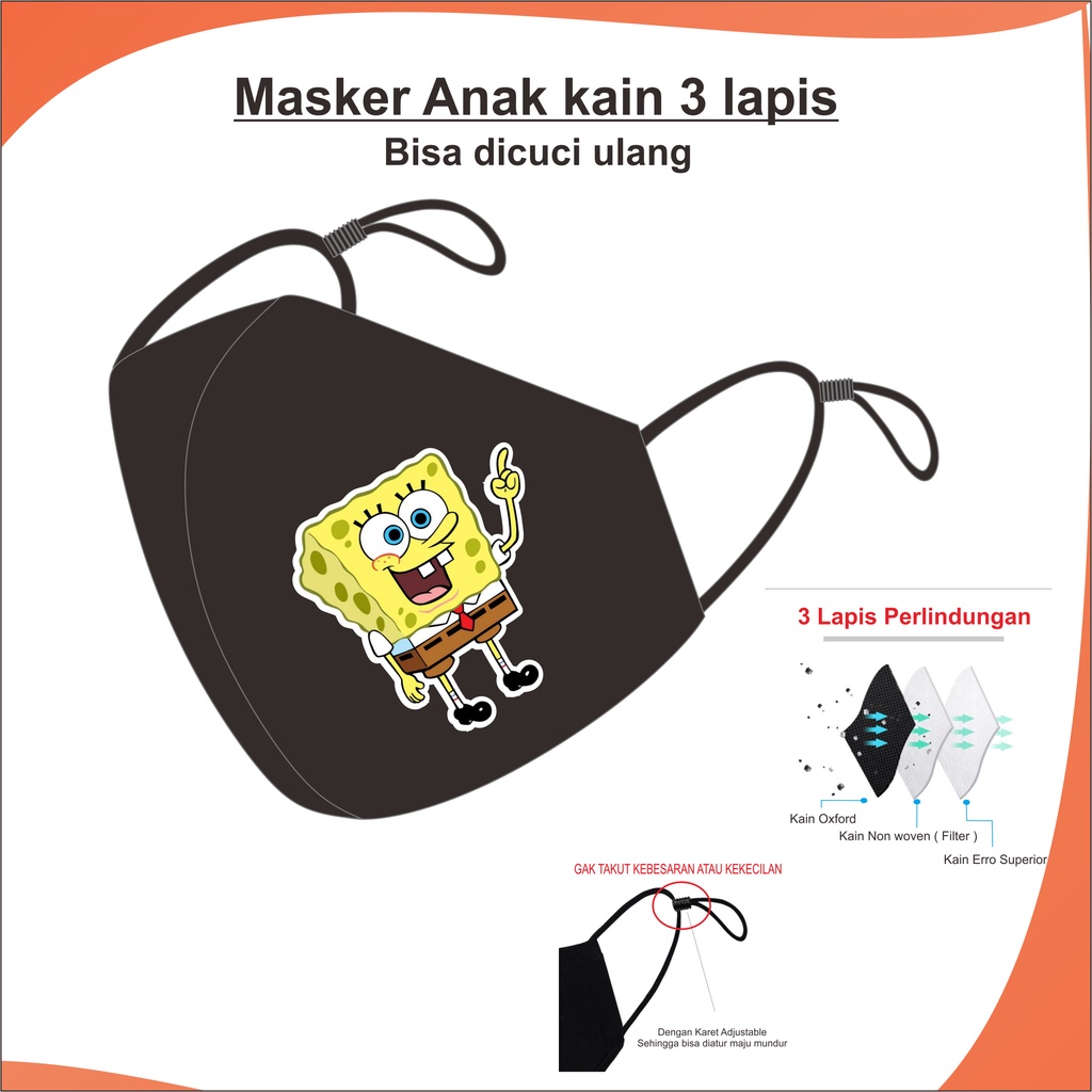 Masker Anak Masker Kain 3 Ply Adjustable Karakter Gambar Lucu Spongebob Model Duckbill Bisa Dicuci