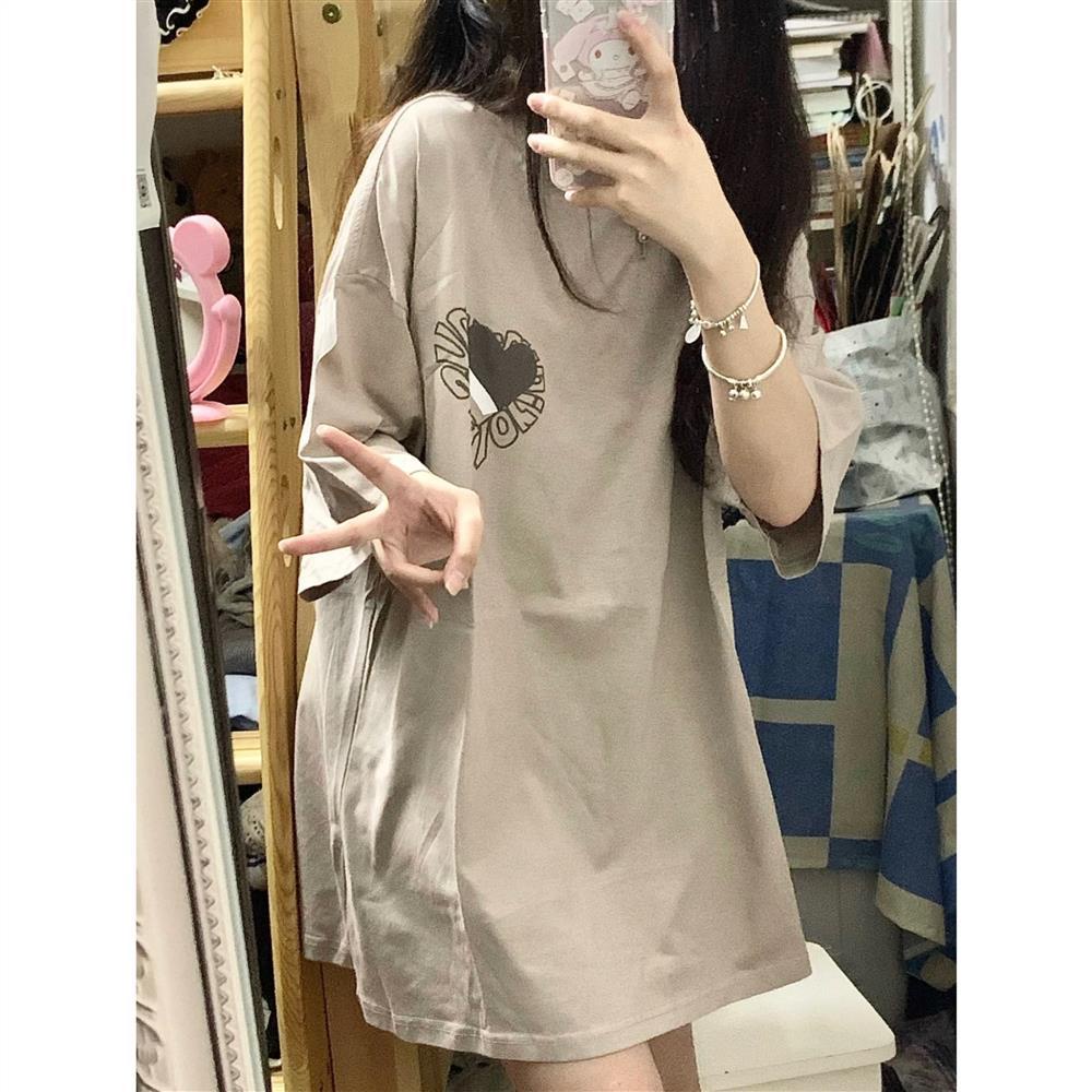 Suhao 100% katun Amerika retro lengan pendek T-shirt wanita versi Korea ins gaya Harajuku longgar mid-length pasang merek setengah lengan atas