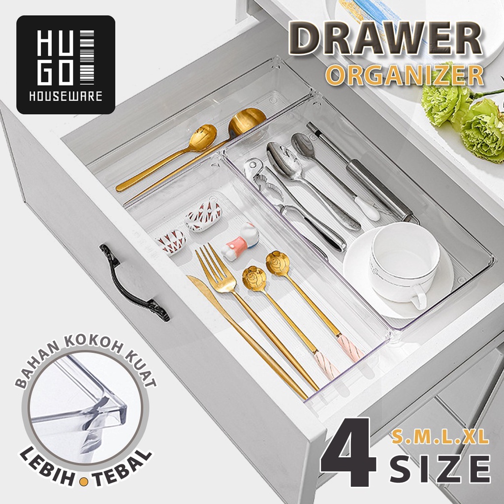 HUGO Organizer Laci Sendok Garpu Sumpit Sekat Laci Dapur Bening Bahan Acrylic Organizer Meja Kamar