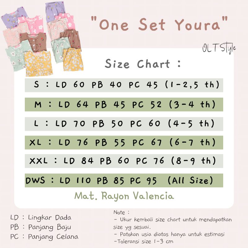Ollet oneset Youra / stelan rayon anak / stelan rayon dewasa