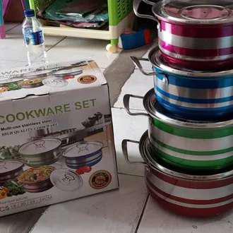 *cookware* Panci Set Stainless 4-pcs* Panci Besar & Kecil/panci Serbaguna Warna/panci Anti Lengket*
