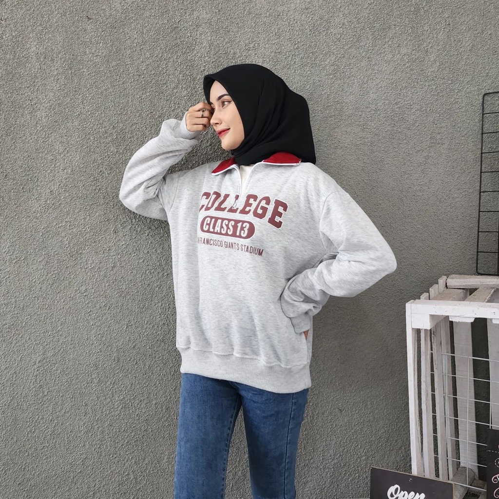 Sweater Wanita Collar Maroon College Material Fleece Premium Lengan Panjang