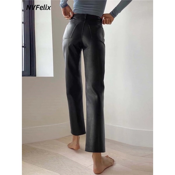 Celana kulit wanita lurus Leather Pants straight Rise's