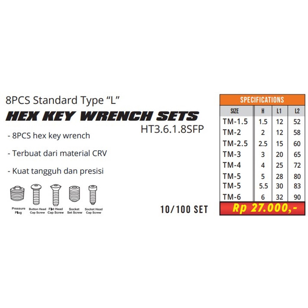 Kunci L Set 8 Pcs 1.5-6mm Hex Key Wrench BLACKFOOT ORIGINAL