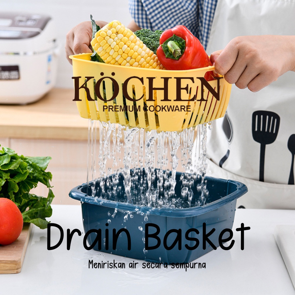 Drain Basket Baskom Saringan Kotak 2in1 Dengan Penutup Keranjang Wadah Serbaguna By Mykochen.ina