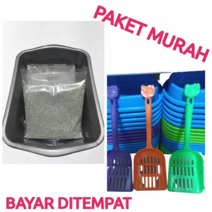 Paket Tempat Pup Kucing 1set Murah Bak+sekup+pasir zeolit 1kg