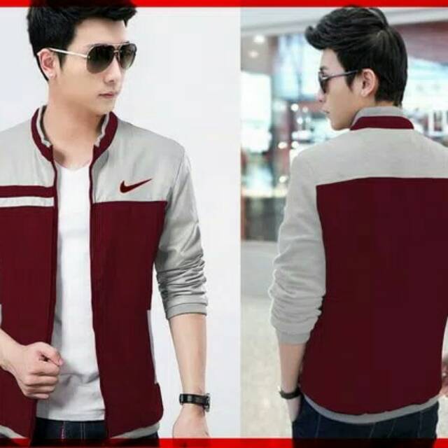 (Jaket nike AMC CL) Jaket pria babyterry maroon kombi abu