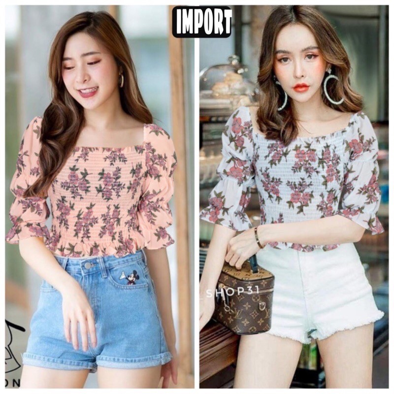 GDG Pakaian Atasan Baju Blouse Kerut Dada Katun Import Smoke Flower Fashion Perempuan G6651-1