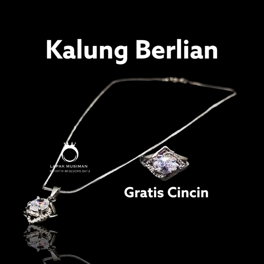 Kalung Wanita Warna Perak Batu American Diamond Gratis Cincin