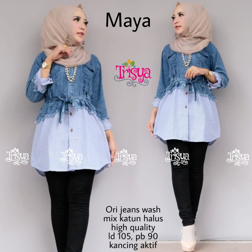 ATASAN TUNIK JEANS WANITA SOFT DENIM PREMIUM FASHION WANITA FULL KANCING BORDIR ASLI