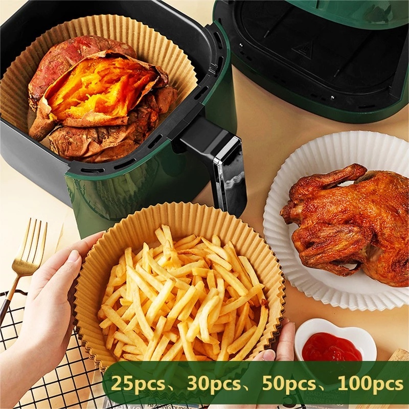 100 Pcs Kertas Baking Air Fryer Sekali Pakai Bentuk Bulat Anti Lengket Tahan Minyak Untuk Dapur