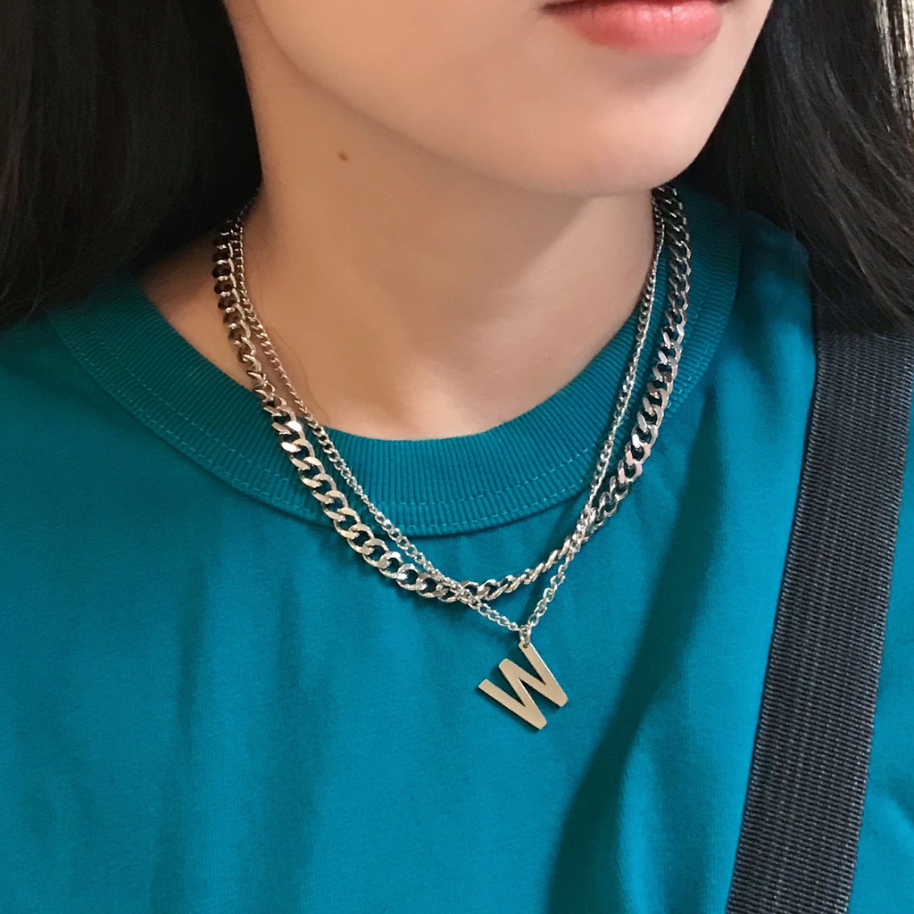 Kalung Rantai double layer Bahan Stainless steel Gaya hip hop