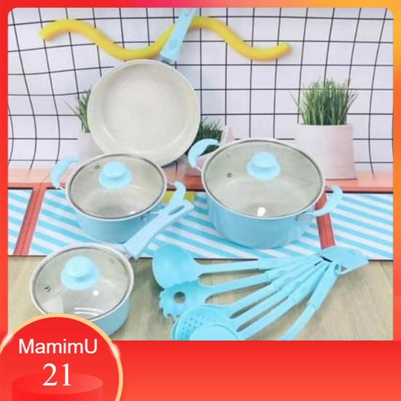 13 Set Panci Set Spatula Warna 13in1 Alat Masak Teflon Panci Cookware - Biru Muda