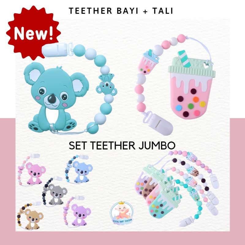 PROMO Set Mainan Teether Boba Jumbo Size Gigitan bayi dan Rantai Tali Empeng Dot