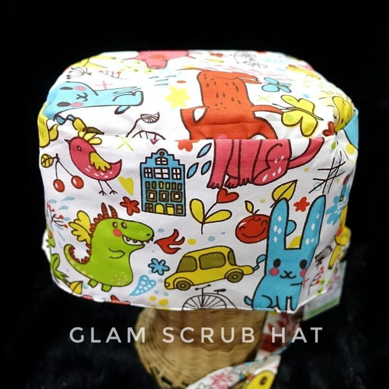 Topi operasi motif animal binatang kartun - scrub hat - topi bedah - topi dokter/perawat - APD
