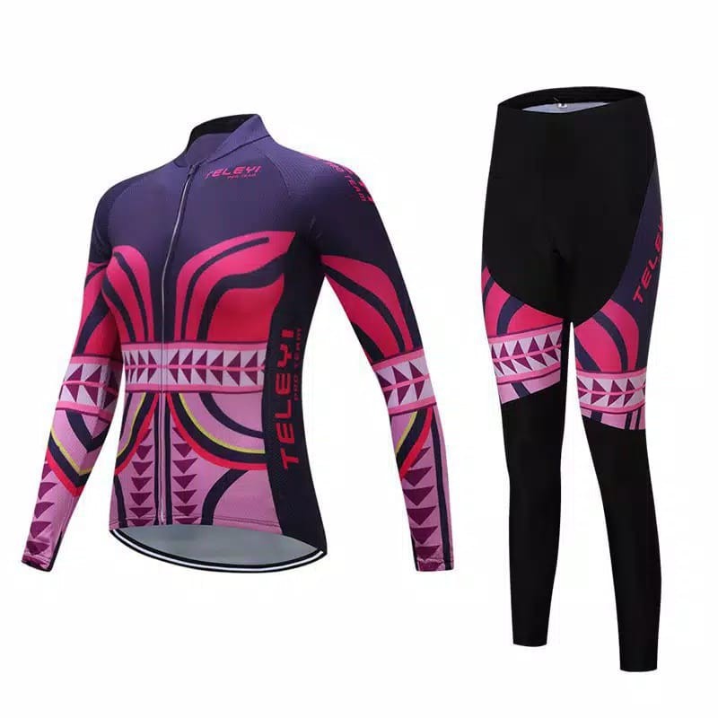 CYCLING SET JERSEY SEPEDA BIB LENGAN CELANA PANJANG WOMAN WANITA BAJU - PINKA