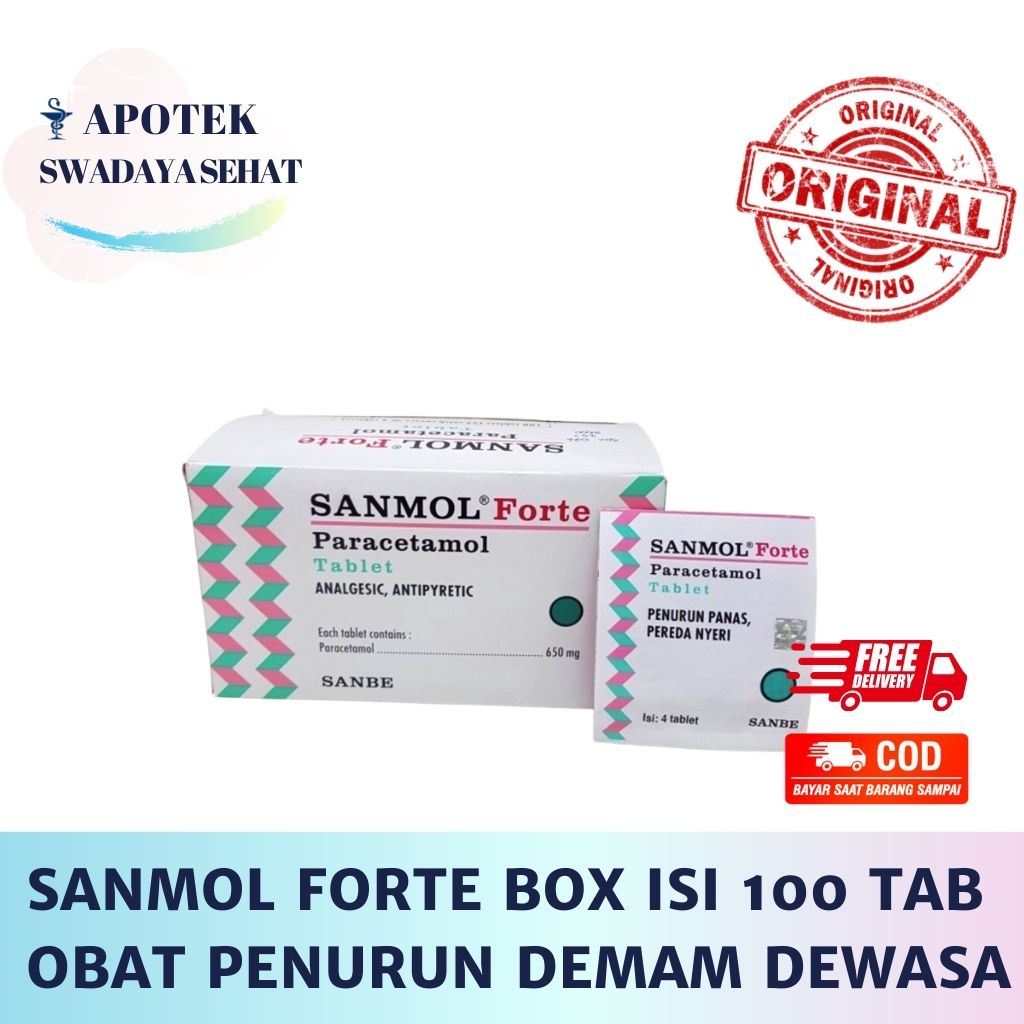 SANMOL Forte BOX 25 Strip - Obat Demam Parasetamol Anti Nyeri 100 Tablet