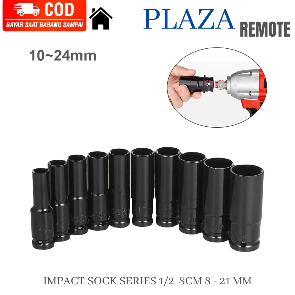 MATA SOCK SOK SOCKET IMPACT PANJANG KONEKTOR 1/2 DEEP WALL 8 CM 8 - 21 MM