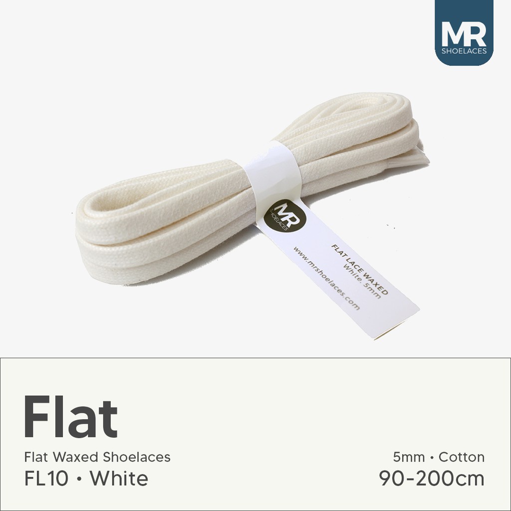 MR Shoelaces FL10 White (Putih) - Tali Sepatu Lilin 5mm Gepeng Flat Pipih (Waxed Laces) 90cm 100cm 120cm 150cm 180cm 200cm (Waxed Laces) - Premium Shoelace