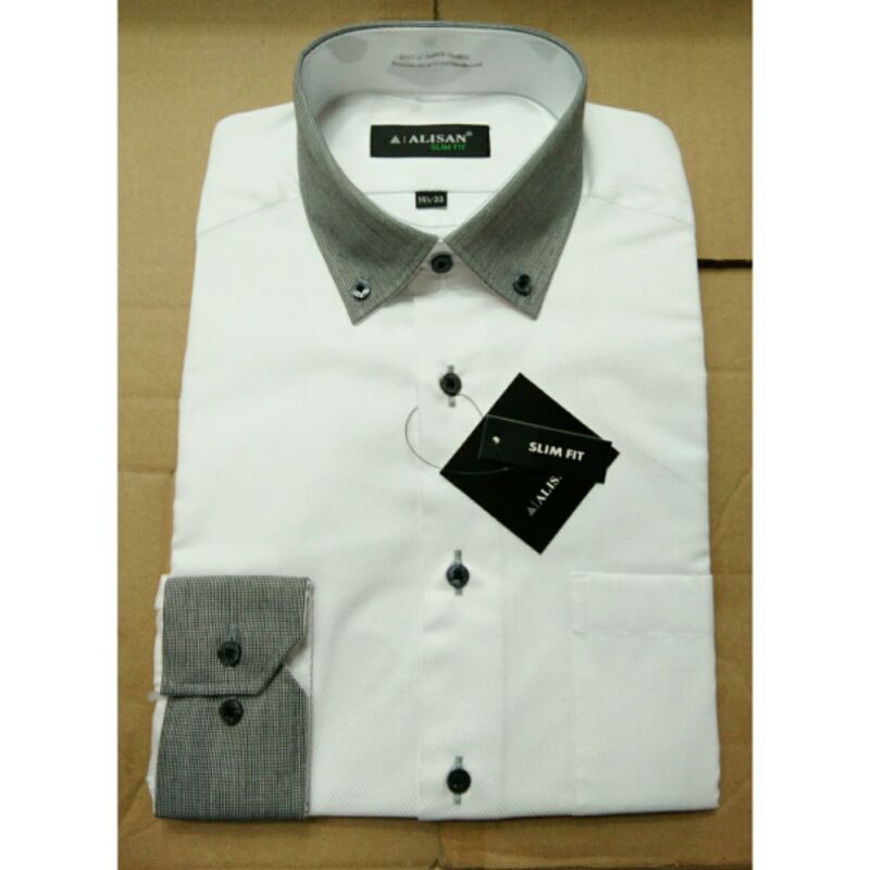 Kemeja Alisan Putih Dobby Kombinasi Abu Lengan Panjang Slimfit