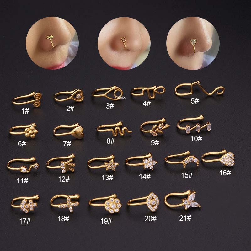 1 Piece Gold Copper with Zircon Nose Fake Piercing Stud