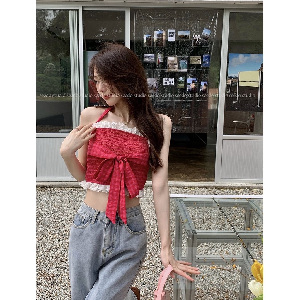 Red wanita kamisol wanita desain manis halter neck bow short top summer new hot girl inner bottoming shirt