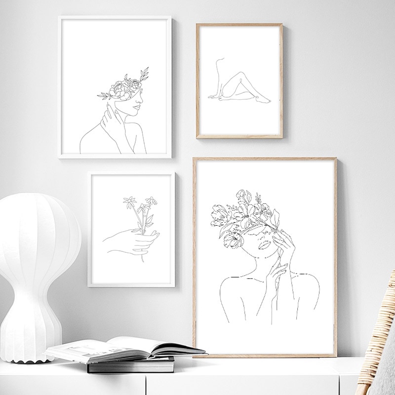 Line Drawing Poster Prints Black White Abstract Flower Woman Canvas Painting Wall Art Picture Home Decoration No Framed Shopee Indonesia