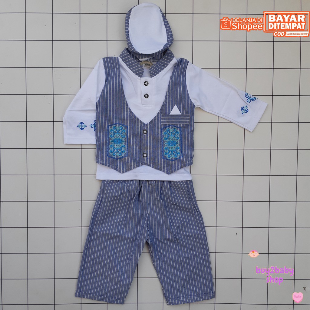 Baju lebaran bayi set baju koko rompi plus peci motif bordir salur Custom 6-12 Bulan