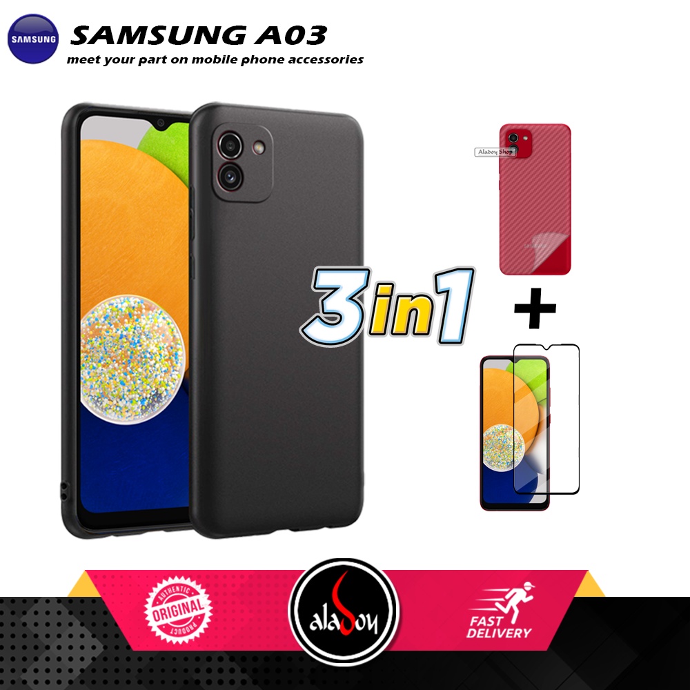 Case Samsung Galaxy A03 Macaron Case + Tempered Glass Layar Clear + Skin Carbon 3D Film