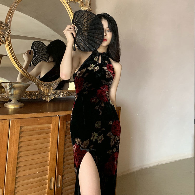 Ancient improved Chinese style young temperament long velvet printed cheongsam dress women 2022