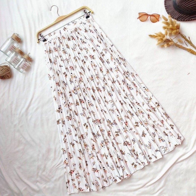 [COD] MIDI SKIRT A LINE IMPORT / ROK BUNGA DAISY BLACK WHITE / ROK DAILY WANITA KOREAN BAHAN SIFON-Rok Daily White