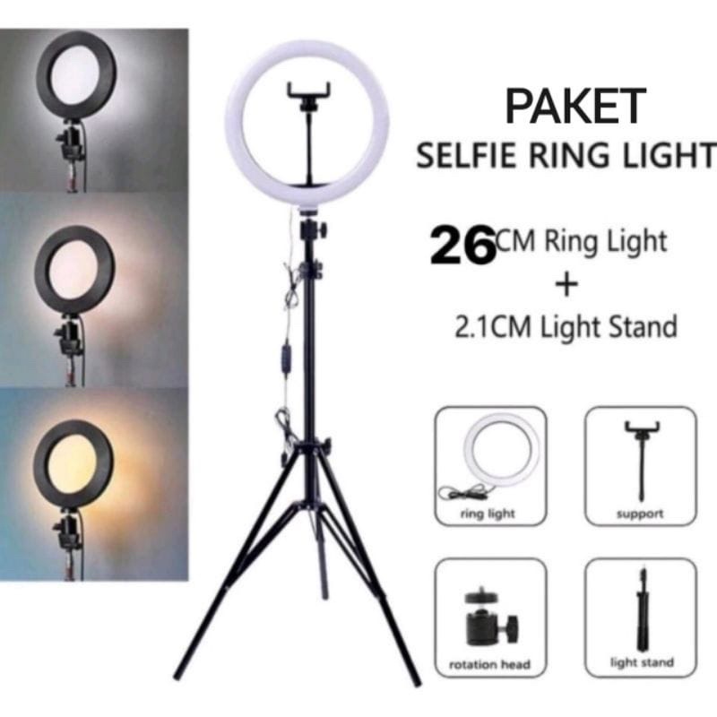 paket komplit ringlight 26cm   tripod 2 1 meter make up vlog lampu ringlight