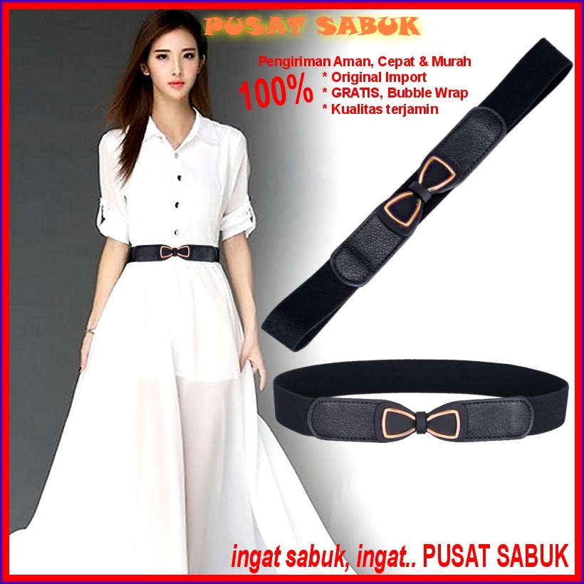 Belt Ikat Pinggang Kecil Korea Sabuk Obi Karet Wanita Fashion Gesper Cewek Polos Model Kupu Hitam