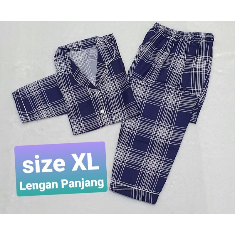 Setelan Lengan Pendek Piyama Baju Tidur Wanita Guilen Kotak Pajamas Cewek Dewasa Kekinian Abg-XL Lgn Panjang NAVI