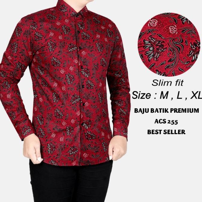 KEMEJA BATIK PRIA SLIM FIT / BAJU BATIK PRIA SLIM FIT MERAH FOYL122