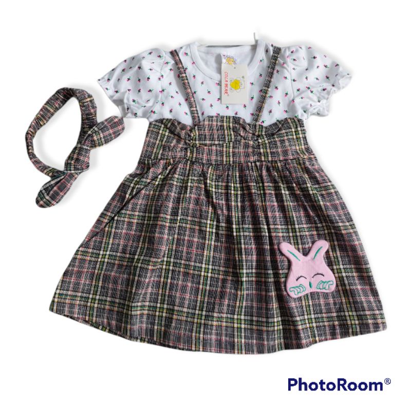 Dress Anak Motif Kotak-kotak Free Headband Size 6-18Bulan || Dress Anak Cola Bear