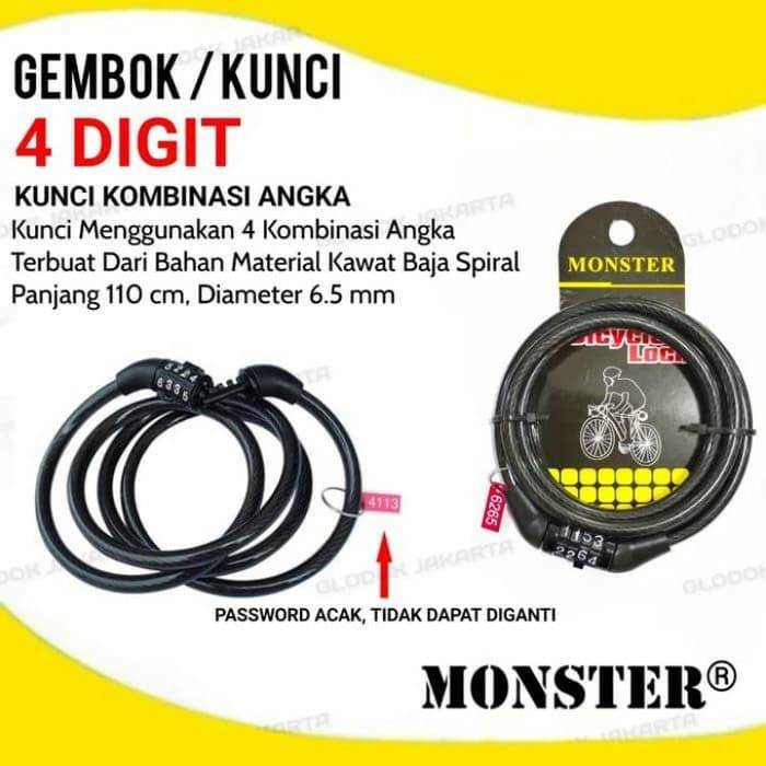 kunci gembok pengaman sepeda motor helm kombinasi 4 angka monster