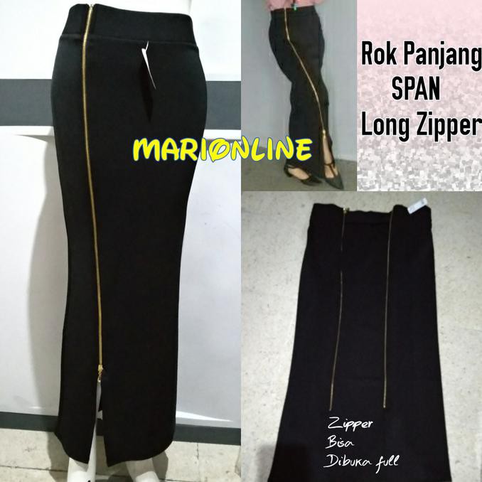 rok span panjang retsleting gold zipper long pencil skirt - Hitam