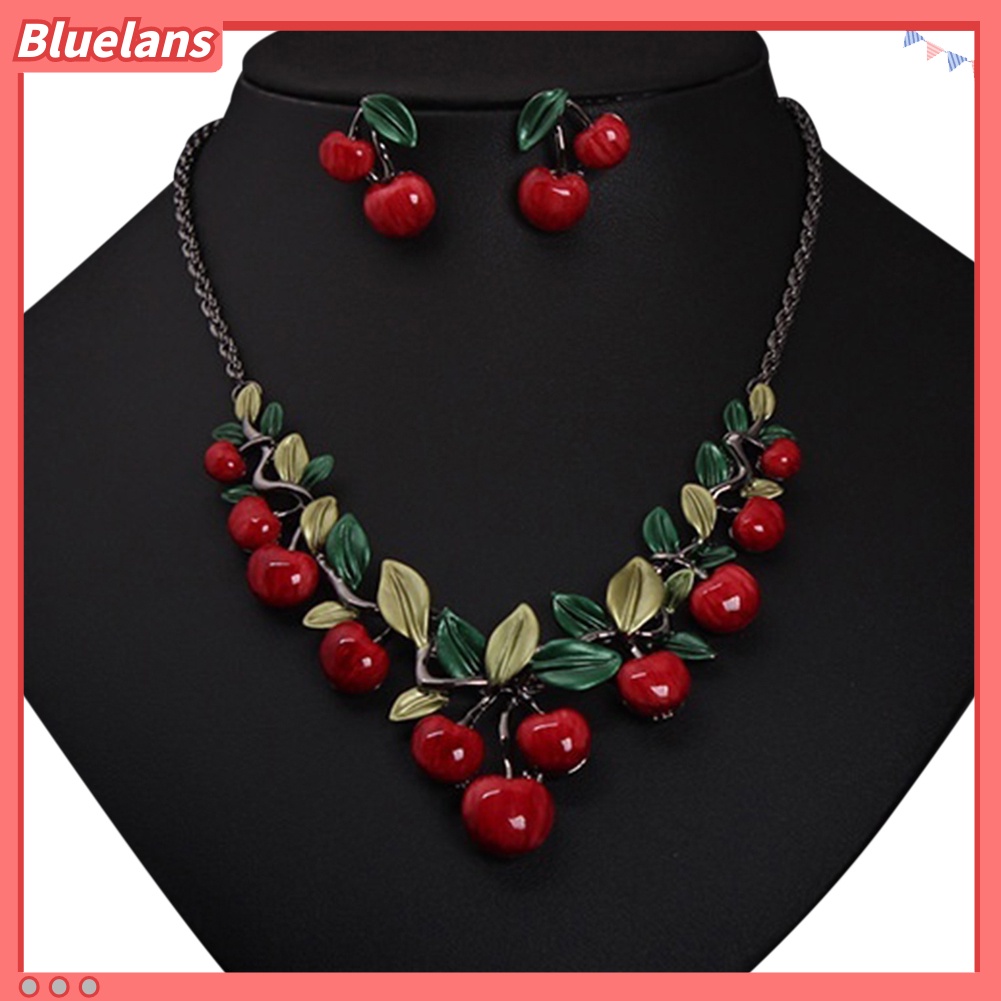 Bluelans 1 Set Vintage Red Cherry Fruit Jewelry Set Chic Bridal Necklace Earrings