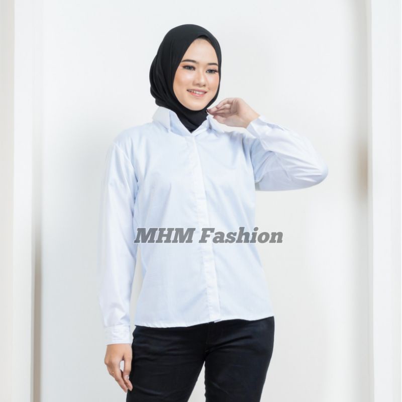 Kemeja Wanita Putih Hitam Marun Navy Army Abu LD 96 LD 100 LD 106 Polos Basic Lengan Panjang Atasan Blouse Casual Kantor Formal shirt Korea Toyobo Murah Adem serap Keringat-Putih